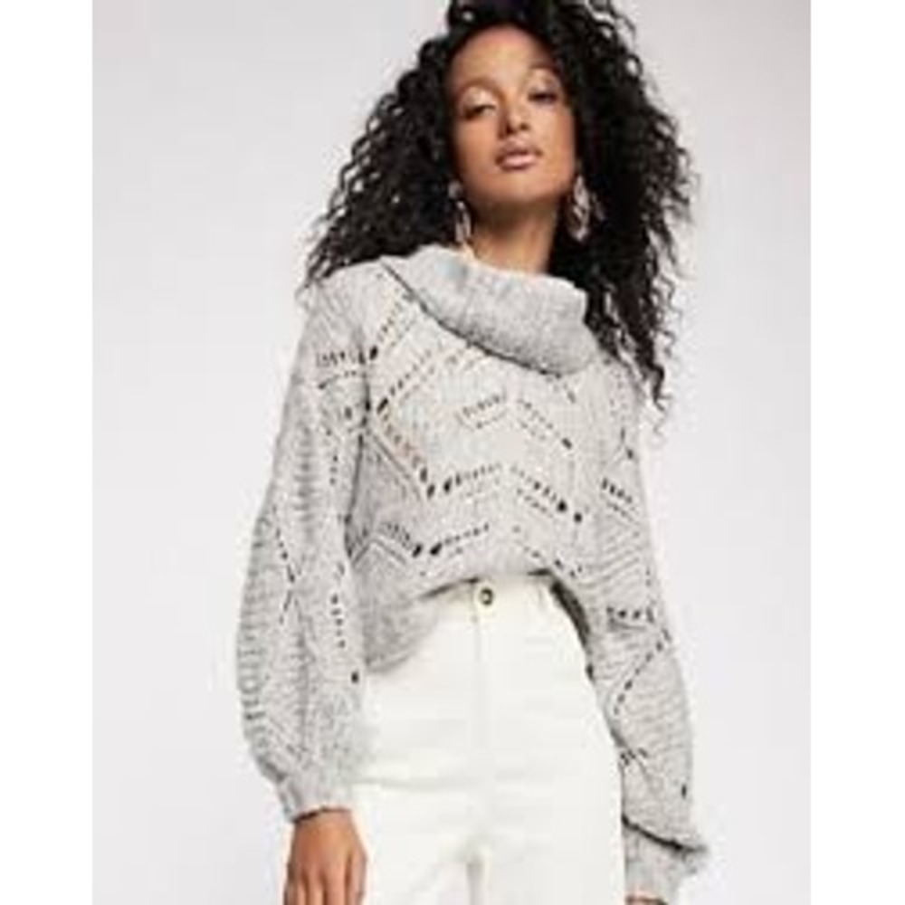 Free People Women Sweater XS Grey Cowl Neck Chevron Pointelle Balloon Sleeve